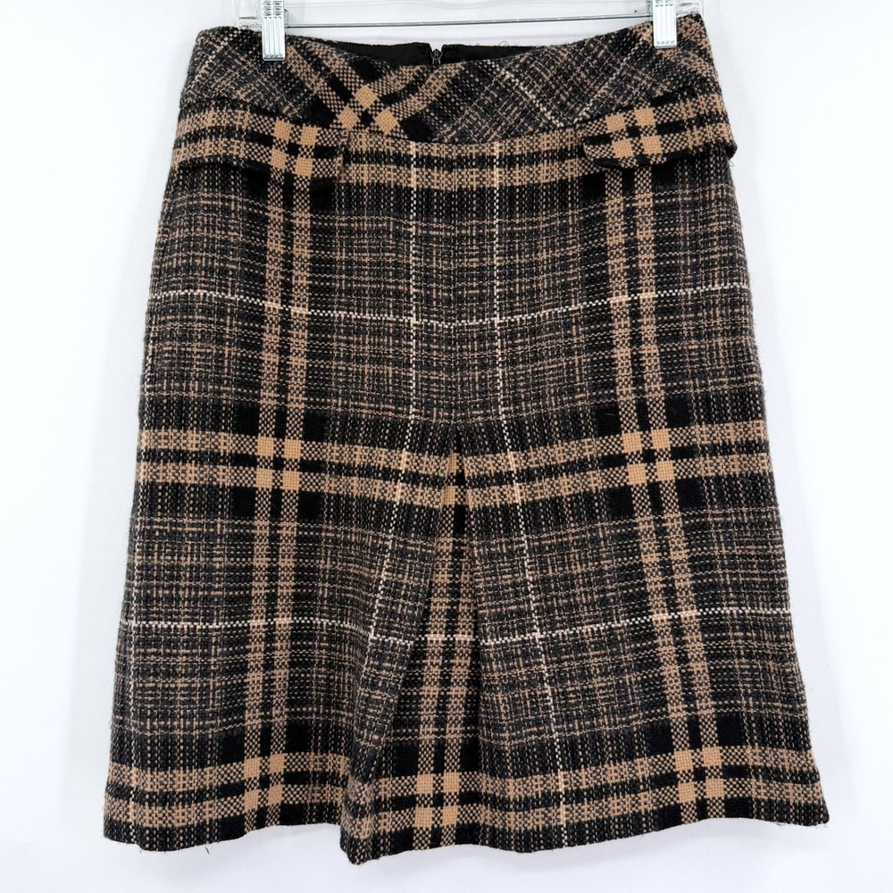 Ann Taylor Wool Plaid Black Brown Tan A-Line Pleated Skirt Size 8 Preppy